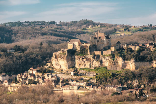 Beynac-et-Cazenac, Nouvelle-Aquitaine, France - 7th March 2024: Built in the 12th century and conquered by Richard the Lionheart during the 100 years war, Chateau de Beynac towers over the Dordogne river in France