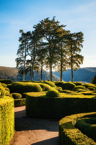 VÃ©zac, Nouvelle-Aquitaine, France - 7th March 2024 - Listed as a National Historical Monument, the gardens of Marqueyssac are the most visited in south west France and have over 150,000 boxwood hedges and panoramic views over the Dordogne valley