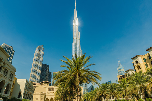 January 20, 2024: The tallest buildings in the world - Burj Khalifa during sunny day in the centre of the city of Dubai, United Arab Emirates