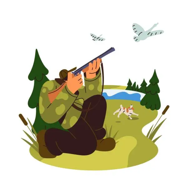 Vector illustration of Upland hunting with dog. Shooter sits, aiming to shooting to flying ducks. Hunter in camouflage chases prey. Huntsman killing birds with shotgun. Flat isolated vector illustration on white background