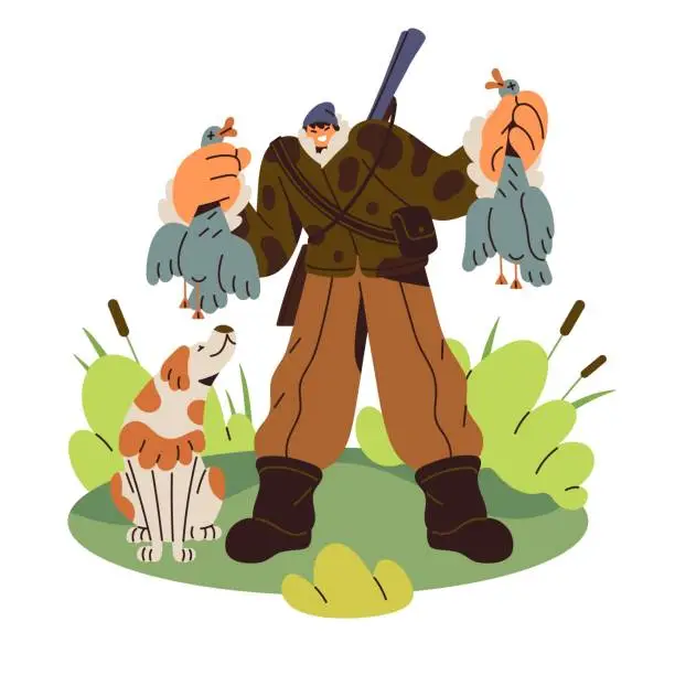Vector illustration of Happy hunter holds trophy, dead ducks in hands. Huntsman with shotgun behind back. Hunting with bird dog, pointer. Shooter success in chase prey. Flat isolated vector illustration on white background