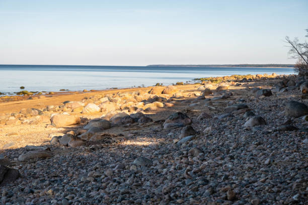 A peaceful rocky shoreline bathed in soft sunlight with a calm sea and clear sky.