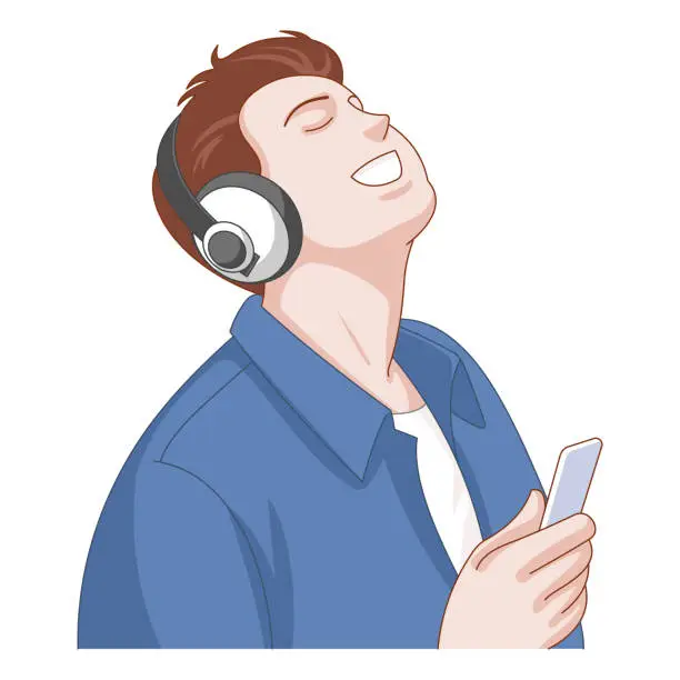 Vector illustration of A young man closes his eyes and enjoys the music from his smartphone with wireless headphones isolated on white background, illustration