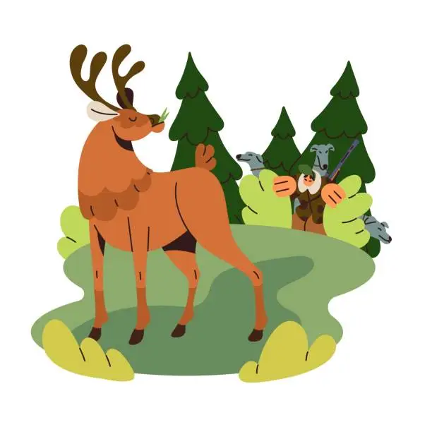Vector illustration of Hunting in forest. Deer stands on clearing. Hunter with dogs hide in bushes, watching beast, stalk to animal. Huntsman chases, tracks prey. Shooting season. Flat isolated vector illustration on white