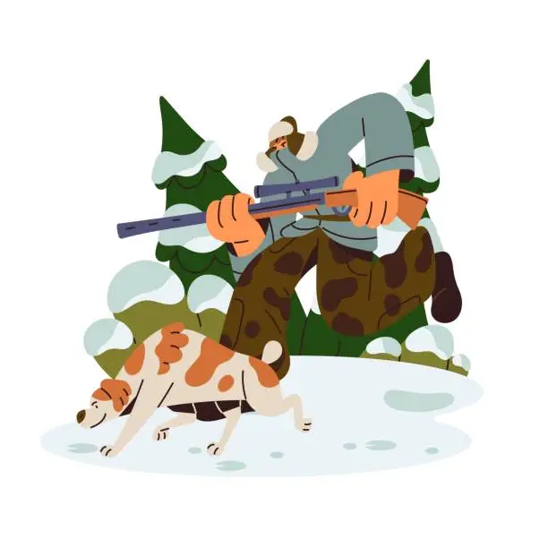 Vector illustration of Scent hound hits the trail. Hunting dog follows track on snow. Hunter chases prey to shooting. Winter open season. Shooter with shotgun in forest. Flat isolated vector illustration on white background