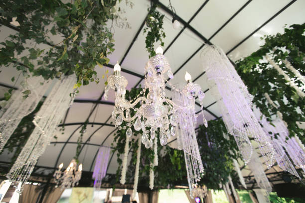 istock Beautiful luxurious romantic decor for a wedding celebration. The arch is decorated with draped fabric and a crystal chandelier. 2081000558