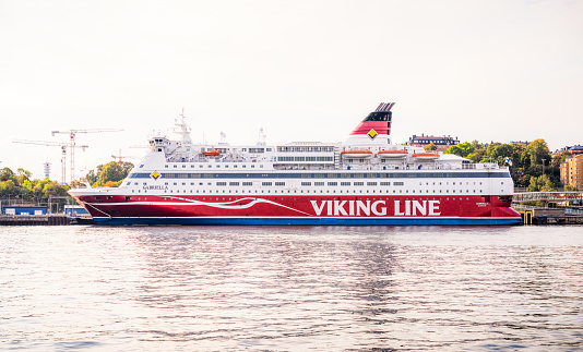 Stockholm, Sweden - A side view of MS Gabriella, a cruiseferry passenger ship operated by Viking Line, docked in central Stockholm.