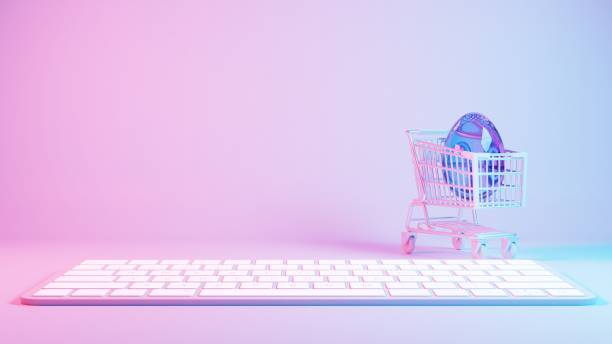 istock 3D minimalist Easter egg design with a retro wave pattern, accompanied by a shopping cart symbolizing holiday shopping and celebration. 2081012804