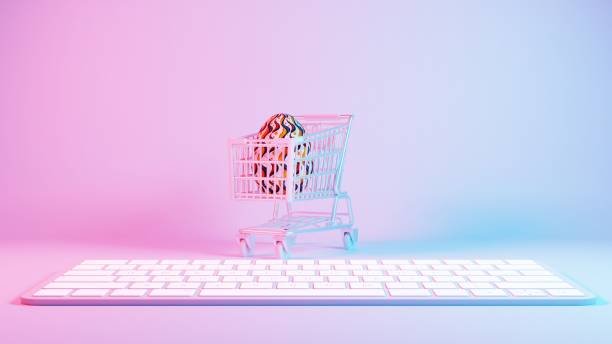 istock 3D minimalist Easter egg design with a retro wave pattern, accompanied by a shopping cart symbolizing holiday shopping and celebration. 2081014981