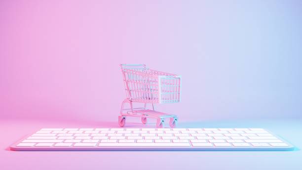 istock 3D minimalist Easter egg design with a retro wave pattern, accompanied by a shopping cart symbolizing holiday shopping and celebration. 2081015494