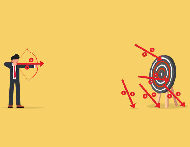 istock Wrong business goals, wrong strategies. Businessman desperately trying to shoot arrows with bow to hit the bullseye 2081016576