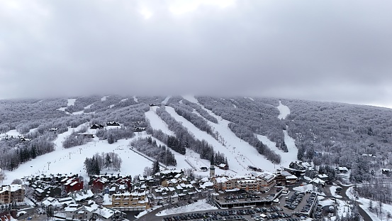 An aerial view of the ski resort town in Stratton, Vermont