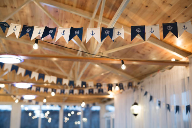 Decor in a nautical style. Marine interior in the restaurant..