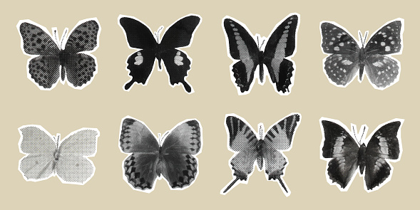 Set of butterflies in halftone. Y2K style.