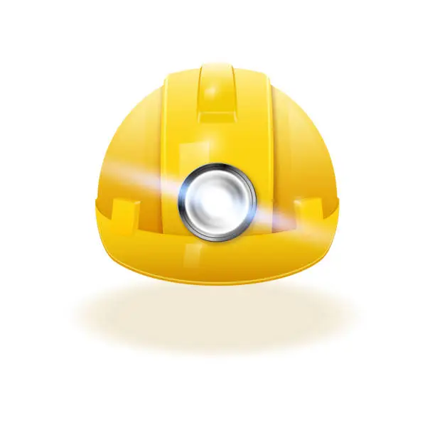 Vector illustration of Protective construction helmet with a flashlight.