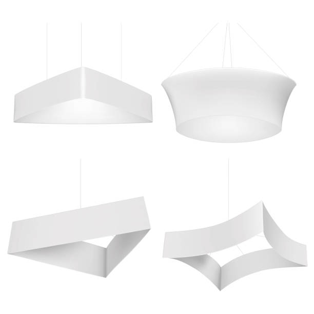 istock Hanging trade show display. Vector mockup set. Curved square, triangle, tapered tube shapes. Ceiling banner sign for promotional graphics. Mock-up kit. Template for design 2081037510