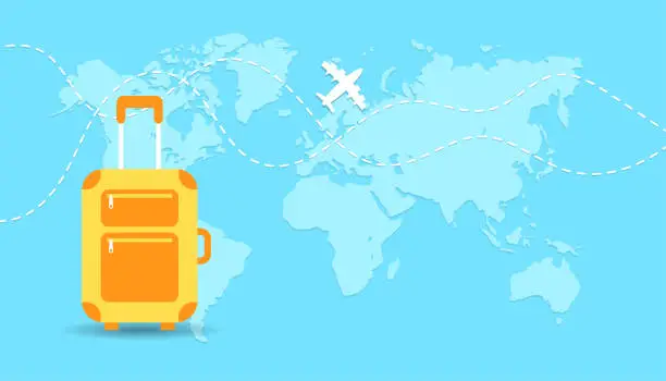 Vector illustration of Yellow suitcase on blue background with map