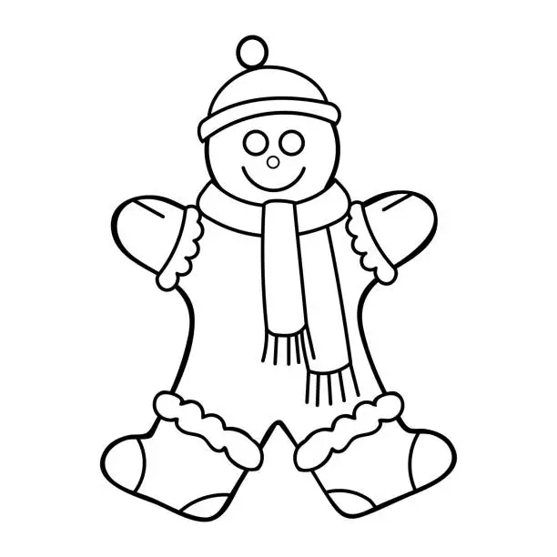 Vector illustration of Coloring book gingerbread men. Christmas sweet. Happy New Year. Character in winter clothes. Hand drawn line art illustration. Coloring page for kids and adults.