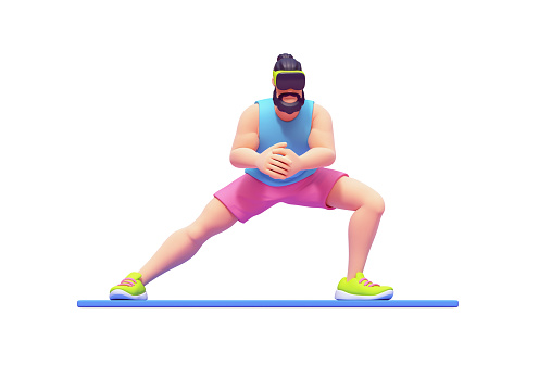 Young cute smiling bearded brunette man in VR glasses, sportswear pink shorts, blue tank top, sneakers doing dynamic warm-up exercises side lunges on mat. Front view. 3d render isolated white backdrop