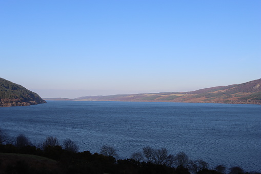 View across Loch Ness on a clear sunny day in winter