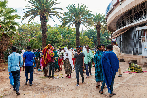 Bahir Dar, Ethiopia - April 21st, 2019: Celebrating Easter in Bahir Dar, Peoples fill the streets, women adorned in white scarves, reflecting the traditions and festive atmosphere of the occasion.