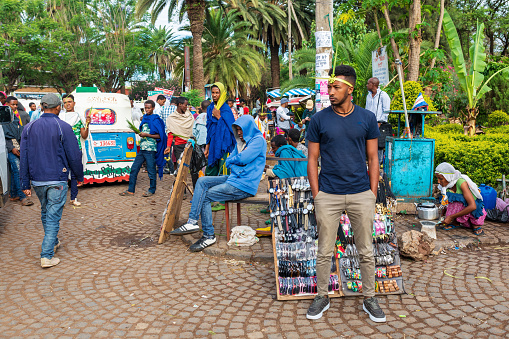 Bahir Dar, Ethiopia - April 21, 2019: Vendors in Bahir Dar sell consumer products, a symbol of Easter celebrations.