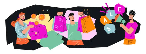 Vector illustration of Black Friday banner with people shopping with amazing discounts, vector.