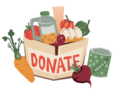 Food drive and charity donation symbol, vector illustration on white background. Banner or poster design element for contribute food and help those in need.