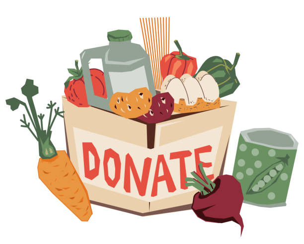 Food drive and charity donation symbol, vector illustration on white. Food drive and charity donation symbol, vector illustration on white background. Banner or poster design element for contribute food and help those in need. food bank delivery stock illustrations