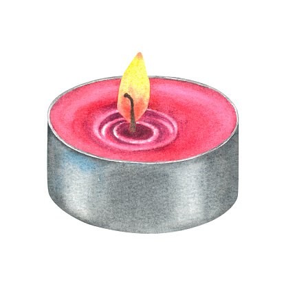 Pink tea candle in a metal case with a burning flame for the holidays, aroma lamp. Hand drawn watercolor illustration isolated on background. Use for promotional products of aromatherapy center, spa.