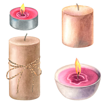 A set ot varios pink and brown candles for aromatherapy. Hand drawn watercolor illustration of vintage light on isolated background. Use for aromatherapy, hygienic home, meditation, wellness resort.