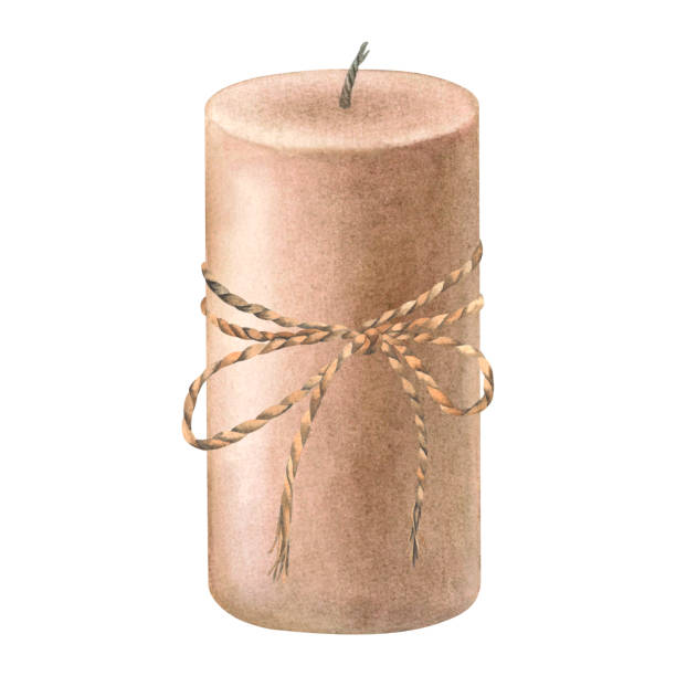 istock Scented pillar soy wax candle with jute rope bow. Hand drawn watercolor illustration of vintage light isolated on background for aromatherapy, meditation, wellness spa, booklet, cozy interior 2081129225