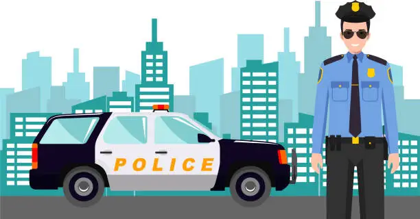 Vector illustration of Young Cute Smiling Standing Policeman Officer in Uniform with Police Car and Modern Cityscape in Flat Style. Vector Illustration