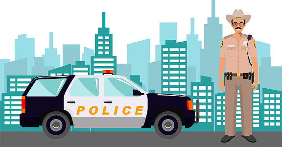 Young Cute Smiling Standing Policeman Sheriff Officer in Uniform with Police Car and Modern Cityscape in Flat Style.