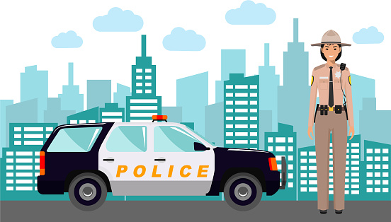 Young Cute Smiling Standing Policewoman Sheriff Officer in Uniform with Police Car and Modern Cityscape in Flat Style.