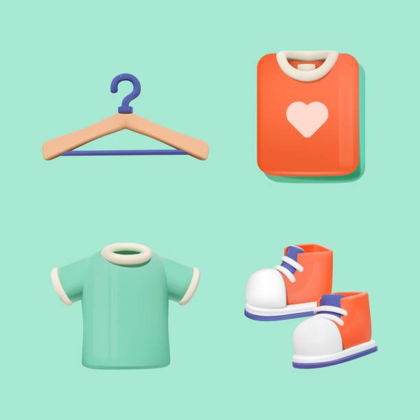 Baby Apparel and Accessories 3D Set Colorful collection of baby clothing and accessories icons. Set of cartoon illustrations of clothes, shoes and wooden hangers isolated on a plain background. 3D vector. cartoon t shirt design stock illustrations