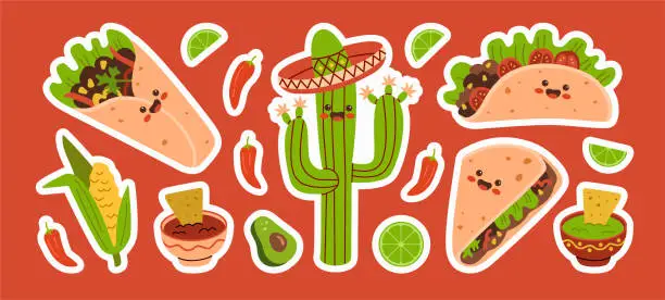 Vector illustration of Mexican food funny characters stickers set. Mexico cuisine cute happy face emoticons mascot collection.