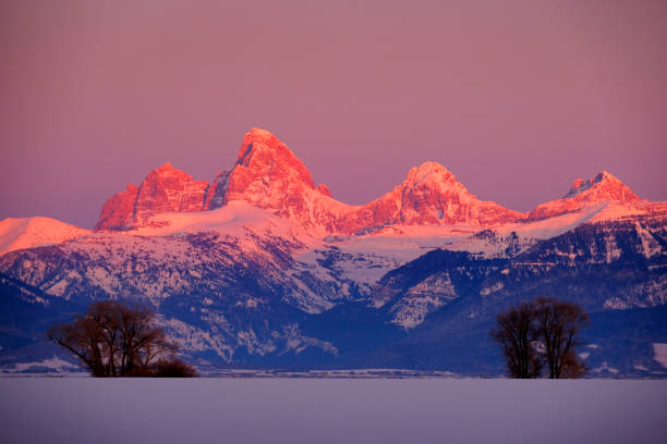 istock Teton Mountain Range Idaho Side Sunset Alpen Glow in Winter Blue Sky and Forest 2081171277