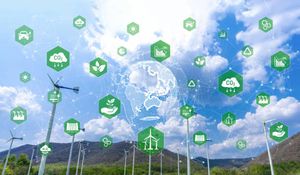 istock Sustainable development goals, SDGs, Environmental technology concept. Natural power. Mountain view with wind turbine generator,  Co2 reduction, Renewable energy preserves, Plant a forest 2081179463