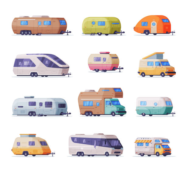 mobile houses on wheels set. side view of family camping recreational vehicles, rv trailers caravans vector illustration - motor home isolated land vehicle luxury stock illustrations