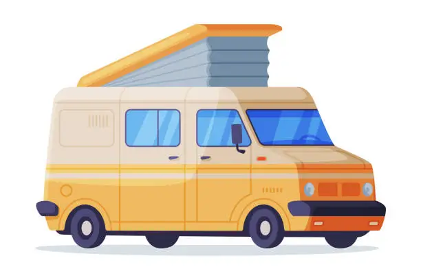 Vector illustration of Retro camping trailer. Side view of camping recreational vehicle van, mobile home on wheels vector illustration