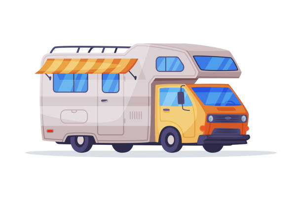 camping trailer truck with awning. recreational vehicle van, mobile home on wheels vector illustration - motor home isolated land vehicle luxury stock illustrations