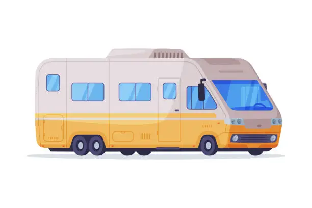 Vector illustration of RV camper motor home. Retro house on wheels, recreational vehicle vector illustration