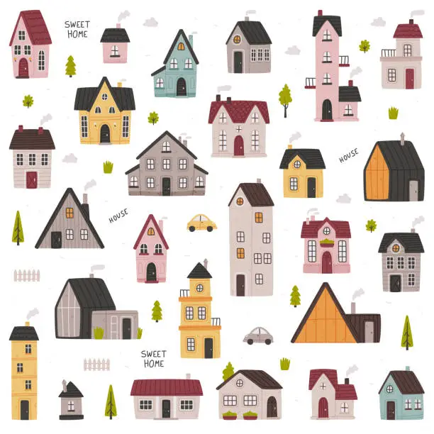 Vector illustration of Tiny Houses with Roof and Steaming Chimney as Cozy and Sweet Home Vector Set