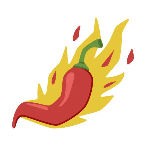 Vector illustration of Hot Red Chili Pepper in Fire with Bright Flame Vector Illustration