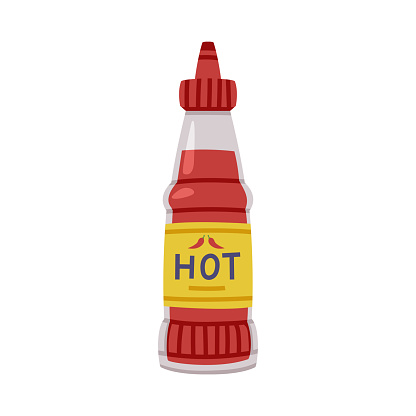 Hot and Spicy Chili Sauce in Glass Bottle with Label and Cap Vector Illustration. Piquant Sauce or Salsa as Condiment or Seasoning with Pungent Taste for Culinary Use Concept