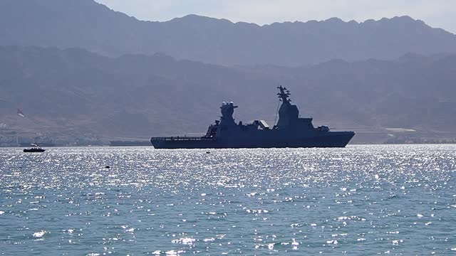Naval military ship patrols the Red Sea basin