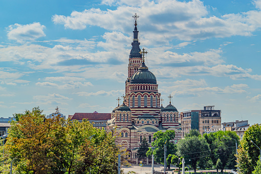 Holy Annunciation Cathedral in Kharkiv, Ukraine on a sunny summer day. Kharkiv, Ukraine 07.15.2023.