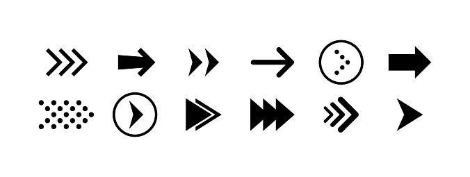 Right arrow icon set. Silhouette style. Vector icons