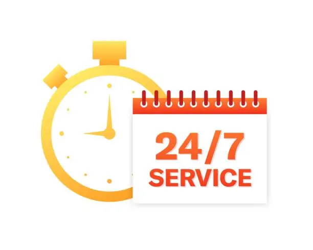 Vector illustration of 24/7 service icon. Stopwatch icon. Flat style. Vector icon